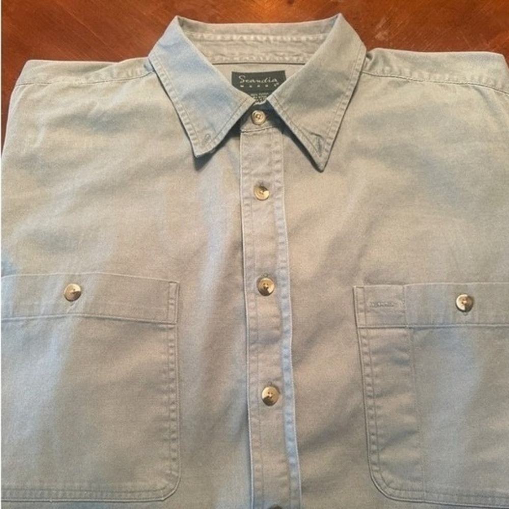 Scandia Woods Button Down Men XLG Sage Green Excellent Cotton Twill Short Sleeve